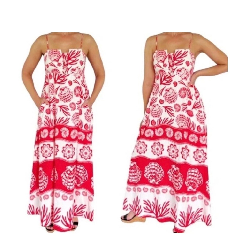 Calypso St Barth Red White Linen Blend Shell Print Lace Up Maxi Resort Dress S